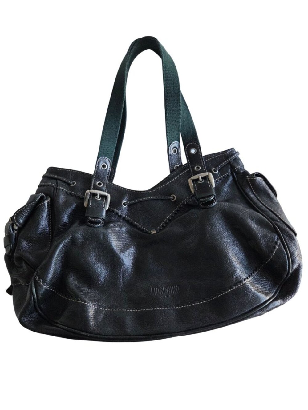 Moschino Jeans Black Leather Hand Bag With Canvas Straps & Heart Detail